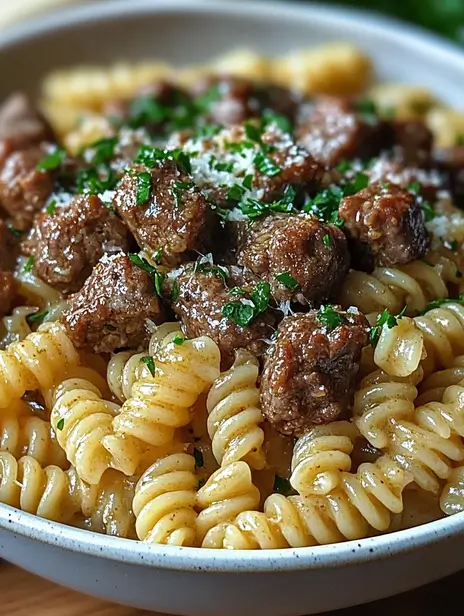 Beef and Rotini in Garlic Parmesan Sauce