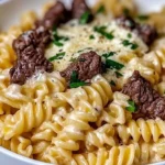 Rotini with Beef in Garlic Parmesan Velvety Sauce