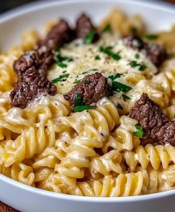 Rotini with Beef in Garlic Parmesan Velvety Sauce