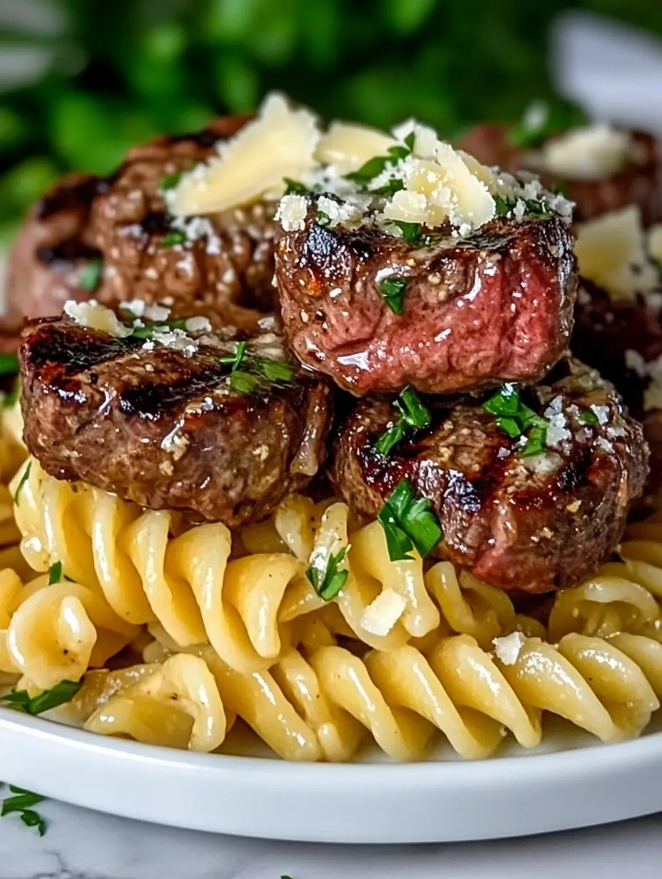 Steak Bites and Rotini in Garlic Parmesan Sauce