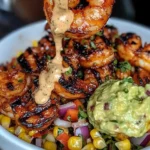 Grilled Shrimp Bowl with Avocado, Corn Salsa & Creamy Sauce