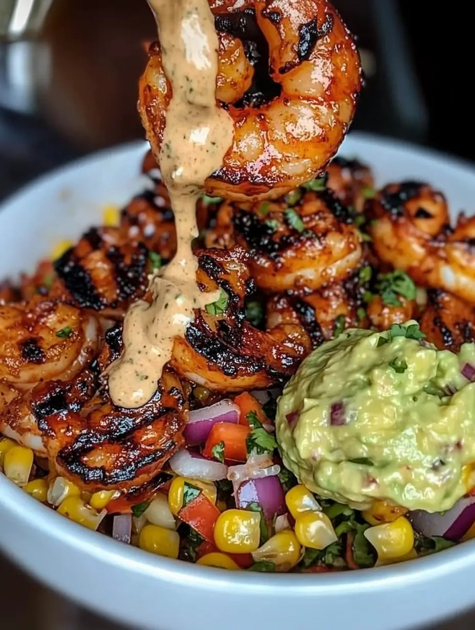 Grilled Shrimp Bowl with Avocado, Corn Salsa & Creamy Sauce