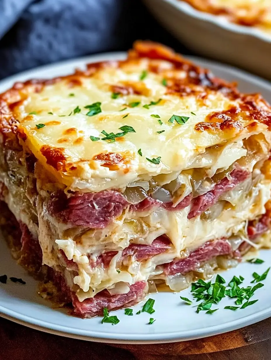 Reuben Bake with Layers of Corned Beef, Sauerkraut, and Swiss Cheese