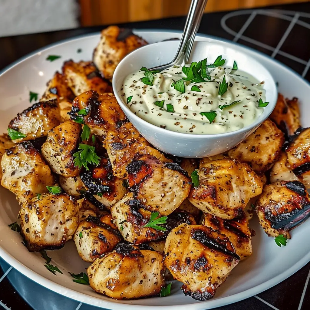 how to make Grilled Chicken Bites with Creamy Garlic Sauce