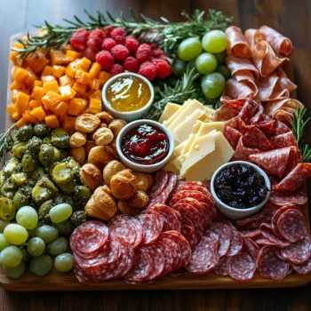 Complete breakfast charcuterie board with waffles and fresh fruit