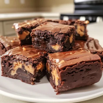 Decadent 2 Ingredient Reese's Brownies with a rich chocolate layer and creamy peanut butter swirls on a white plate.