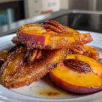 Golden air fryer peaches caramelized with brown sugar and cinnamon, garnished with glossy pecans, arranged on a white plate, showcasing juicy textures and vibrant color.