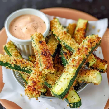 Golden crispy Air Fryer Zucchini Fries with Parmesan coating, served in a basket with creamy dipping sauce, vibrant green and golden brown colors.