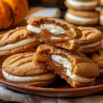 Soft golden apple cider whoopie pie cookies with creamy buttercream and gooey caramel filling, stacked on a rustic plate, perfect for autumn desserts