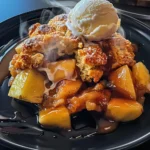 Golden apple cobbler with bubbly caramelized apples, crisp biscuit topping, and a scoop of vanilla ice cream melting on a glossy black plate.