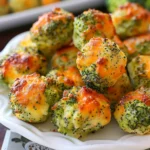Golden Baked Broccoli Cheese Balls with crispy cheddar tops on a white plate, showcasing vibrant green broccoli and melted cheese for an appetizing presentation.