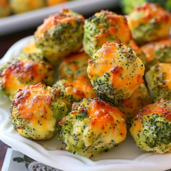 Golden Baked Broccoli Cheese Balls with crispy cheddar tops on a white plate, showcasing vibrant green broccoli and melted cheese for an appetizing presentation.