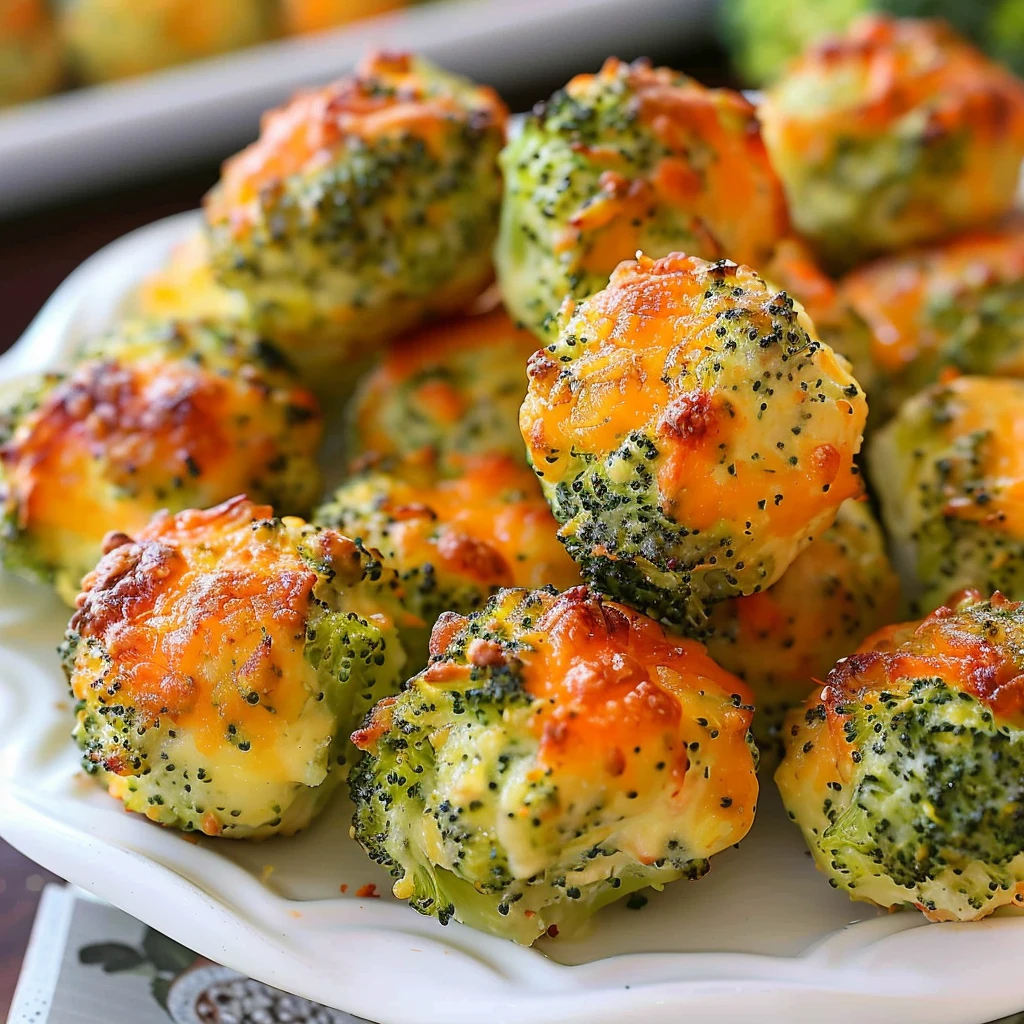 Golden Baked Broccoli Cheese Balls with crispy cheddar tops on a white plate, showcasing vibrant green broccoli and melted cheese for an appetizing presentation.