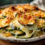 Golden baked zucchini and cheese casserole with bubbly mozzarella, crispy breadcrumbs, and vibrant green zucchini slices served hot on a rustic plate.