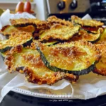 Golden, crispy Baked Zucchini Chips with parmesan cheese and browned edges on parchment-lined plate, vibrant green and golden color, served fresh.
