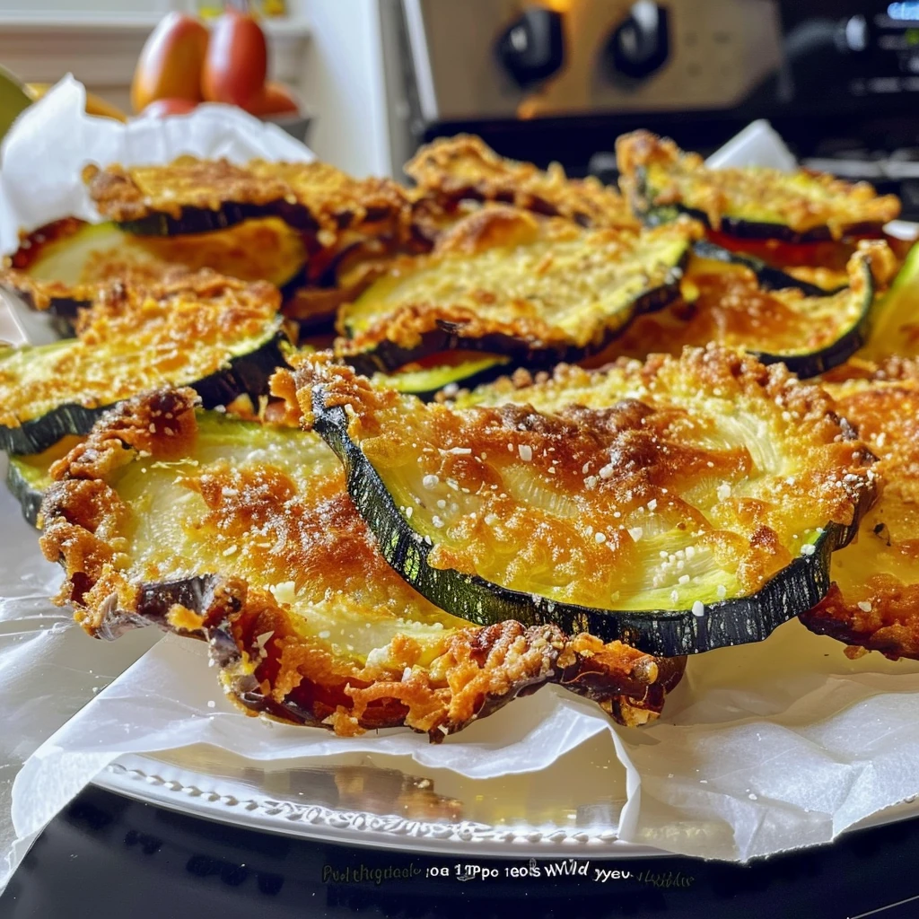 Golden, crispy Baked Zucchini Chips with parmesan cheese and browned edges on parchment-lined plate, vibrant green and golden color, served fresh.