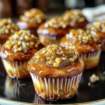 Golden honey-drizzled Baklava Muffins topped with chopped nuts and glossy caramelized finish, displayed on a black plate