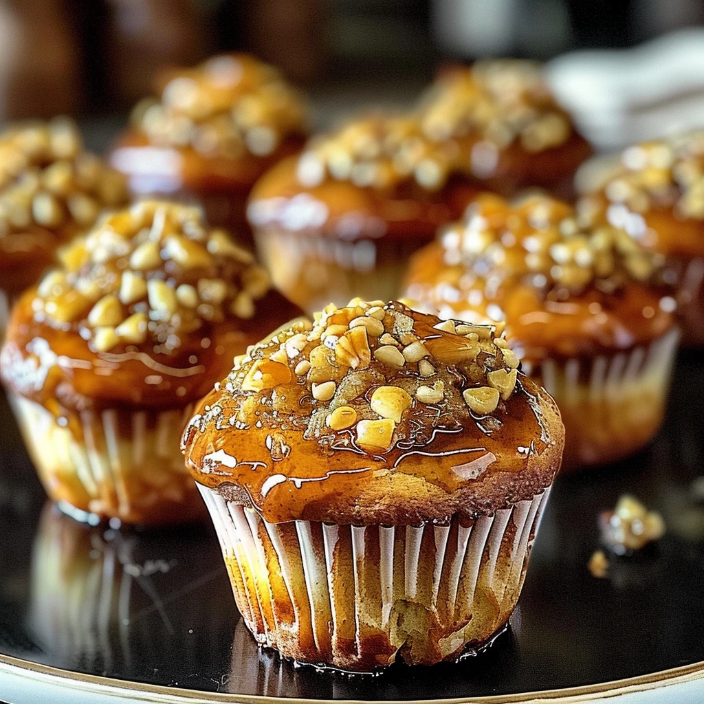 Golden honey-drizzled Baklava Muffins topped with chopped nuts and glossy caramelized finish, displayed on a black plate