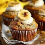 Golden banana muffins topped with creamy frosting and banana slices, with visible walnut pieces, set on a wooden board for a fresh, homemade presentation