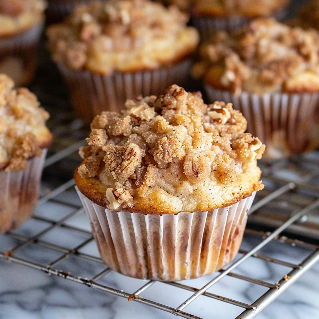 Golden-brown Banana Walnut Streusel Muffins topped with buttery walnut cinnamon crumb on a cooling rack, showcasing crumbly texture and inviting homemade appearance.
