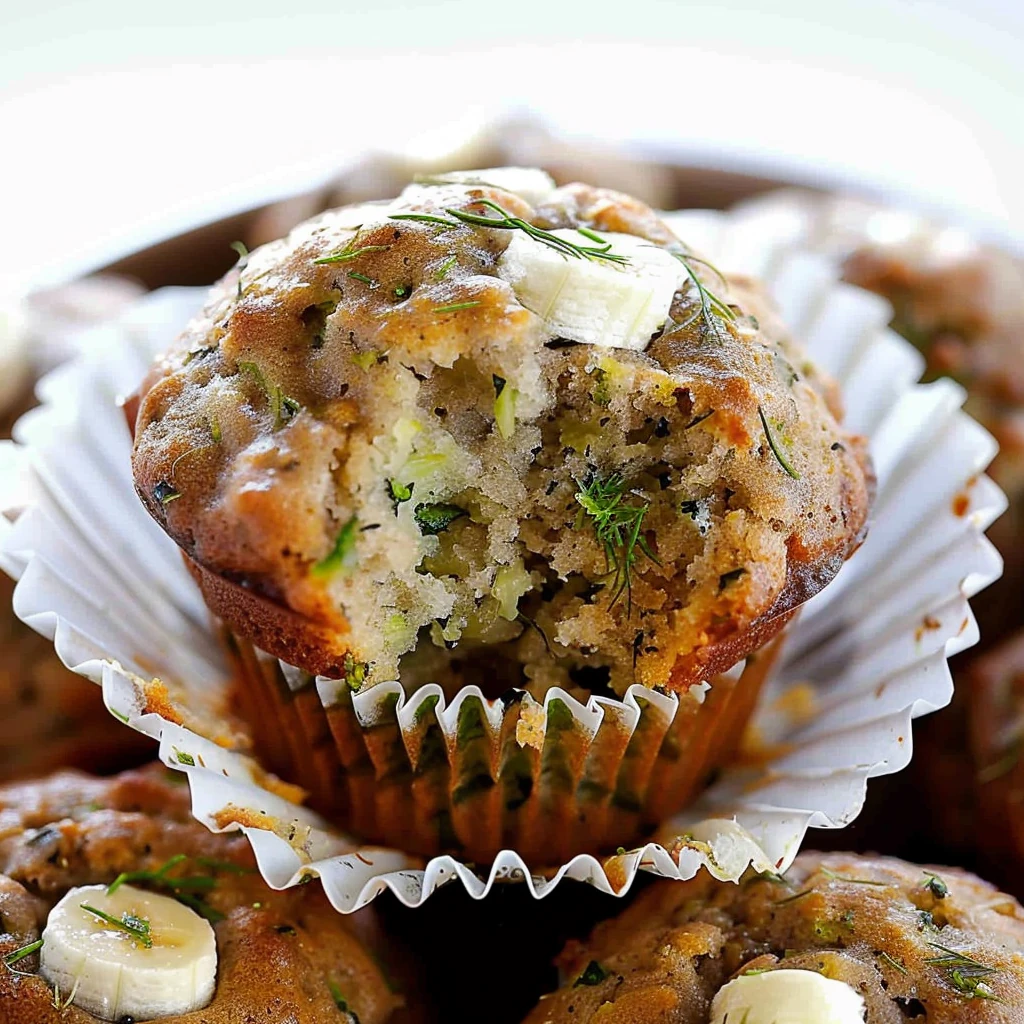 Moist banana zucchini muffins with flecks of shredded zucchini, golden tops, and banana slices, shown in white paper liners for a fresh, wholesome presentation