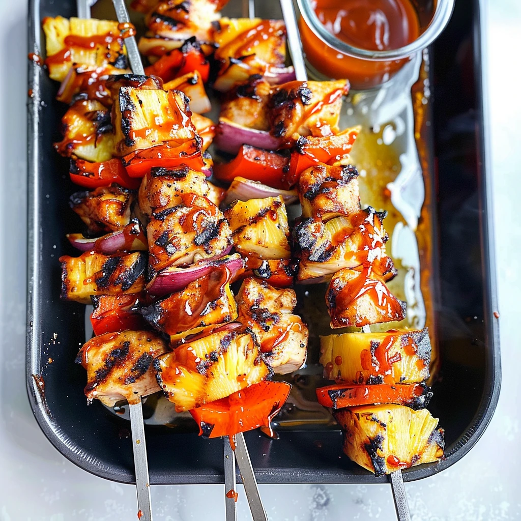 Colorful BBQ Pineapple Chicken Kabobs with caramelized grill marks, juicy chicken, bright red bell peppers, purple onions, and golden pineapple chunks, served on metal skewers with a glossy BBQ sauce drizzle in a black tray