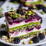 Vivid layered Blackberry Pistachio Dream Bars with green pistachio layer, creamy white center, glossy purple blackberry topping, and garnished with fresh berries and chopped pistachios on a white plate.