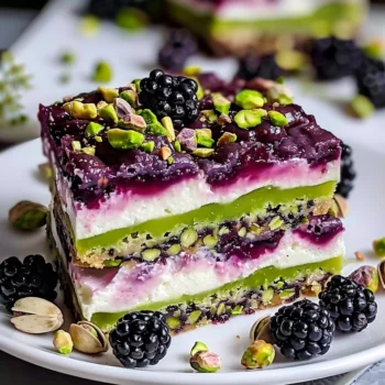 Vivid layered Blackberry Pistachio Dream Bars with green pistachio layer, creamy white center, glossy purple blackberry topping, and garnished with fresh berries and chopped pistachios on a white plate.