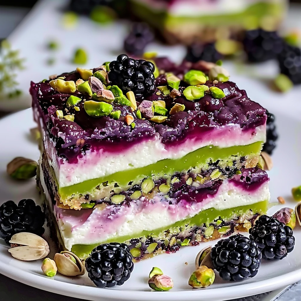 Vivid layered Blackberry Pistachio Dream Bars with green pistachio layer, creamy white center, glossy purple blackberry topping, and garnished with fresh berries and chopped pistachios on a white plate.