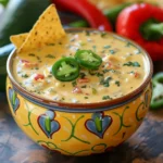 Creamy Boat Dip (Rotel Ranch Dip) in a colorful bowl, topped with sliced jalapeños and served with crunchy tortilla chips, featuring vibrant orange and green colors and a hearty, inviting texture.