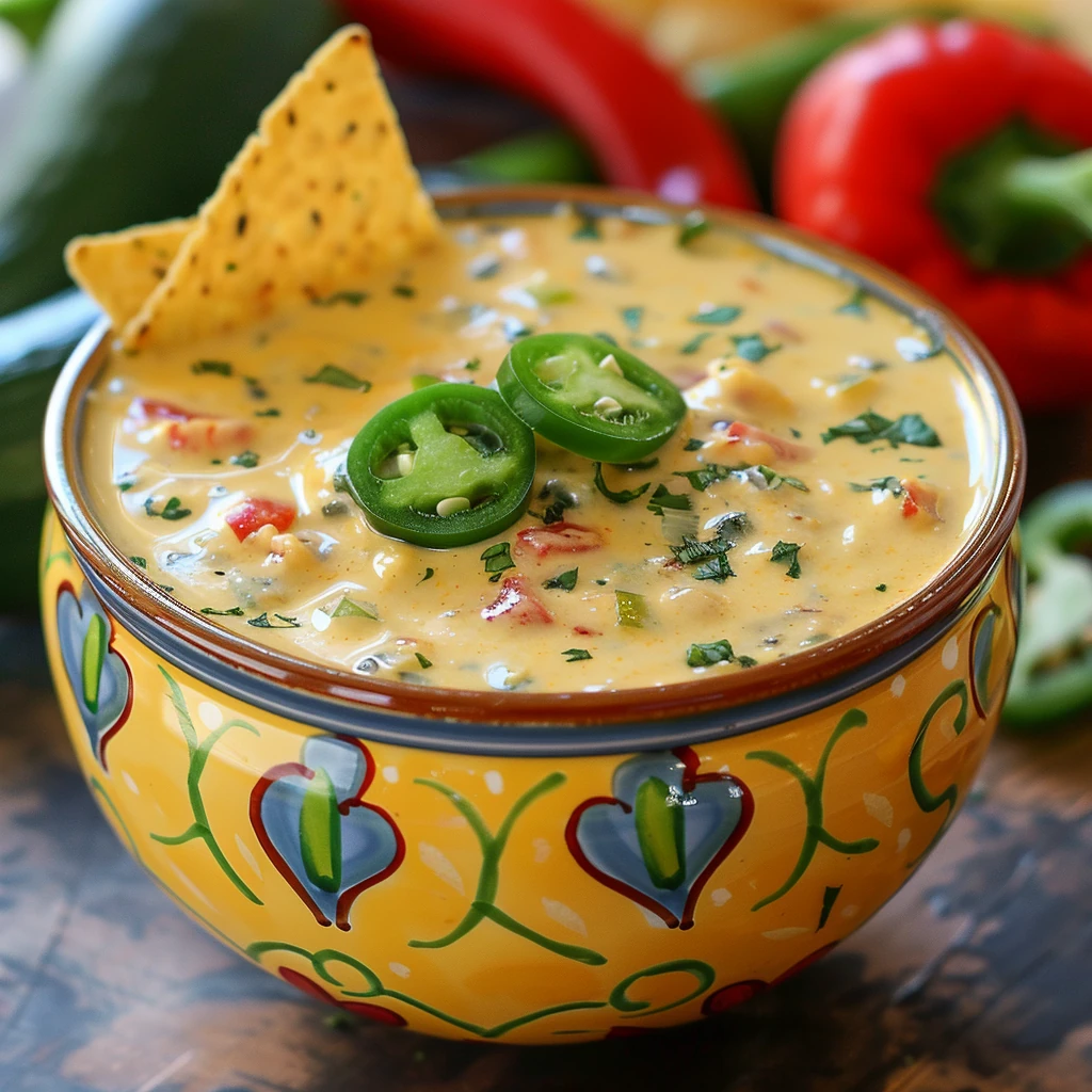 Creamy Boat Dip (Rotel Ranch Dip) in a colorful bowl, topped with sliced jalapeños and served with crunchy tortilla chips, featuring vibrant orange and green colors and a hearty, inviting texture.