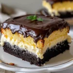 Rich Boston Cream Poke Cake slice with glossy dark chocolate ganache, creamy pudding layer, and golden yellow cake, garnished with a mint sprig on a white plate.