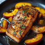 Glazed Bourbon Peach Roasted Salmon fillet with vibrant caramelized peach slices, glossy sauce, and fresh parsley presented in a black skillet, highlighting rich color and succulent texture.