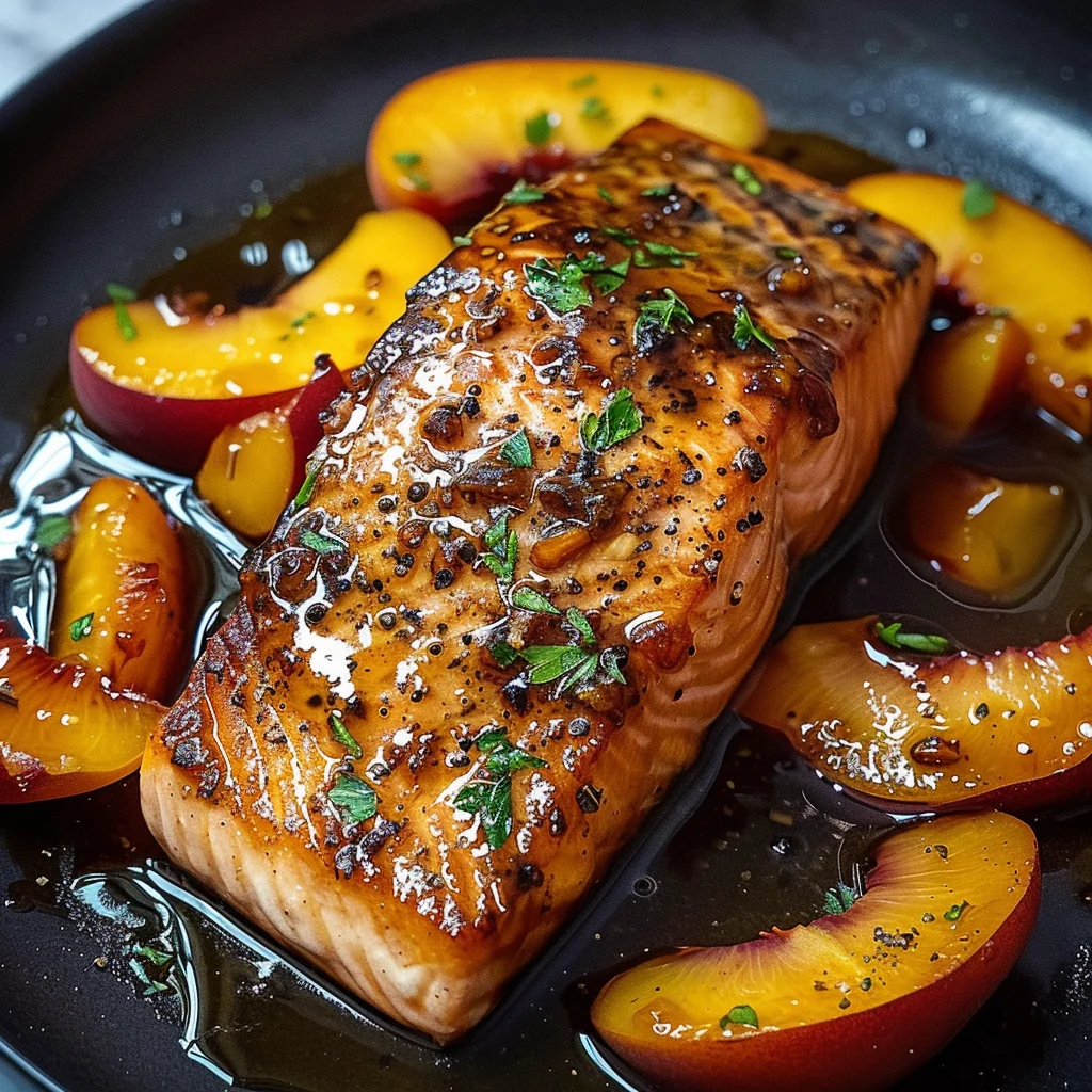 Glazed Bourbon Peach Roasted Salmon fillet with vibrant caramelized peach slices, glossy sauce, and fresh parsley presented in a black skillet, highlighting rich color and succulent texture.