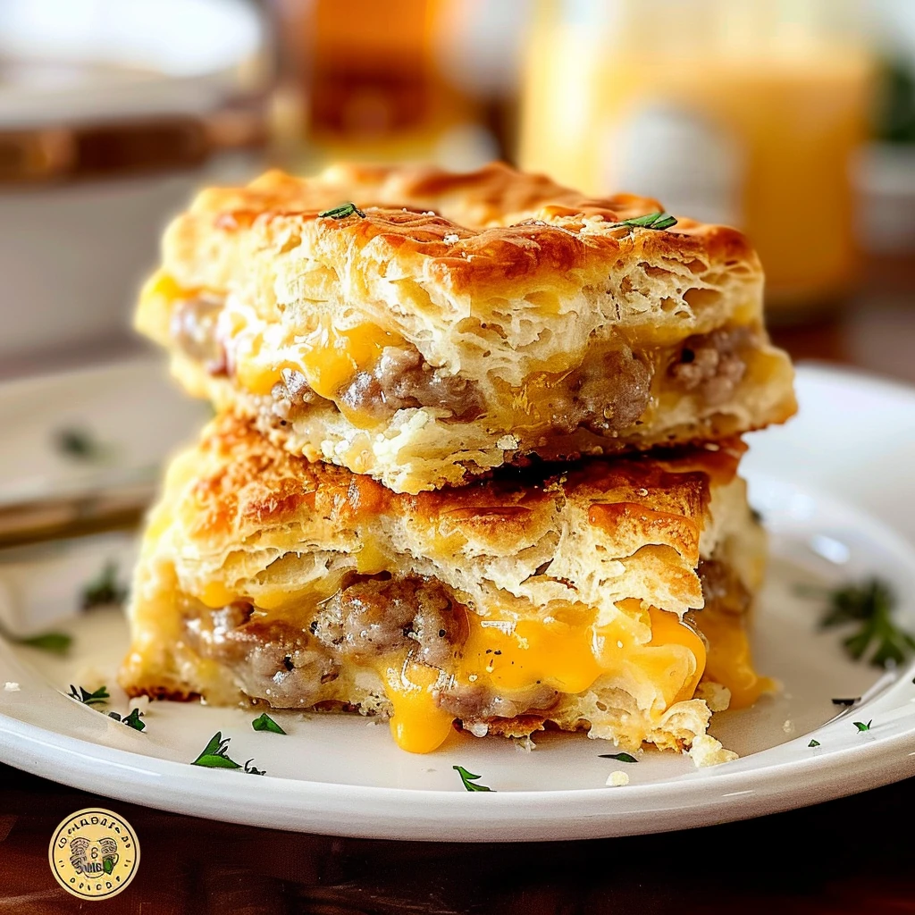 Golden, flaky Breakfast Butter Swim Biscuits with Sausage and Cheese, layered with savory sausage and melted cheddar, stacked on a white plate with fresh herbs.