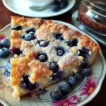 Golden buttermilk blueberry breakfast cake slice on a floral plate, dusted with powdered sugar, showing plump blueberries and a soft, fluffy crumb texture.