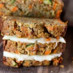 Moist carrot apple zucchini bread with visible carrot and zucchini shreds, golden-brown crust, and creamy icing layers, stacked on rustic wood for a homey look