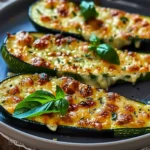 Hot and bubbly Cheesy Garlic Zucchini Steaks, golden brown with melting mozzarella and Parmesan, topped with fresh basil leaves, served on a dark plate.
