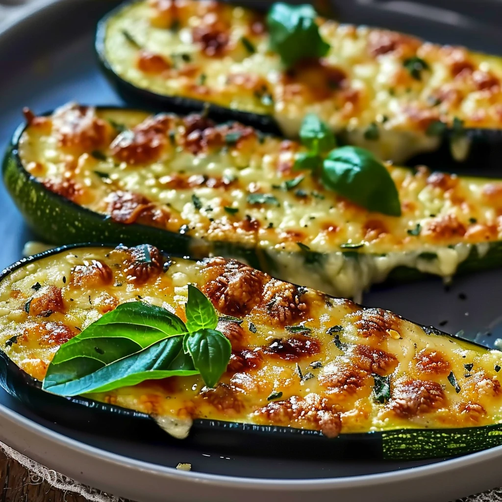 Hot and bubbly Cheesy Garlic Zucchini Steaks, golden brown with melting mozzarella and Parmesan, topped with fresh basil leaves, served on a dark plate.