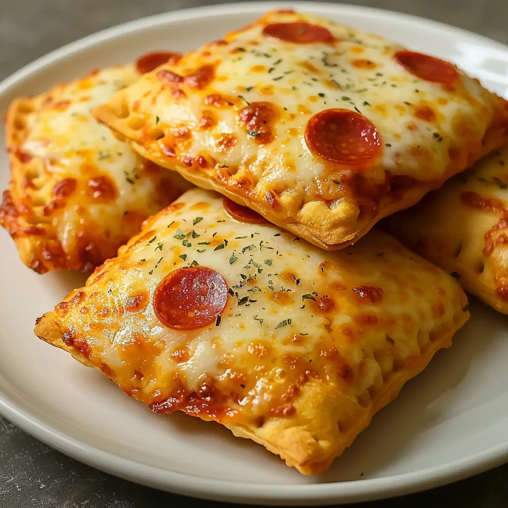 Golden, crispy Cheesy Pizza Pockets with Pepperoni and Mozzarella, topped with melted cheese, mini pepperoni slices, and herbs, stacked on a white plate.