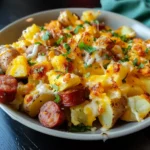 Cheesy Ranch Potatoes and Sausage casserole with golden, bubbly cheese, smoky sausage pieces, and fresh green onion garnish, served in a white bowl on a dark table.