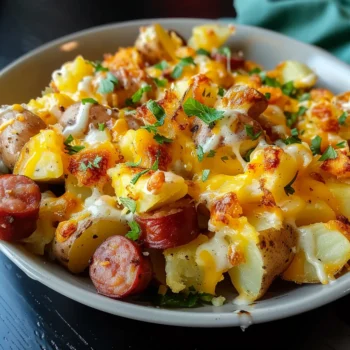 Cheesy Ranch Potatoes and Sausage casserole with golden, bubbly cheese, smoky sausage pieces, and fresh green onion garnish, served in a white bowl on a dark table.