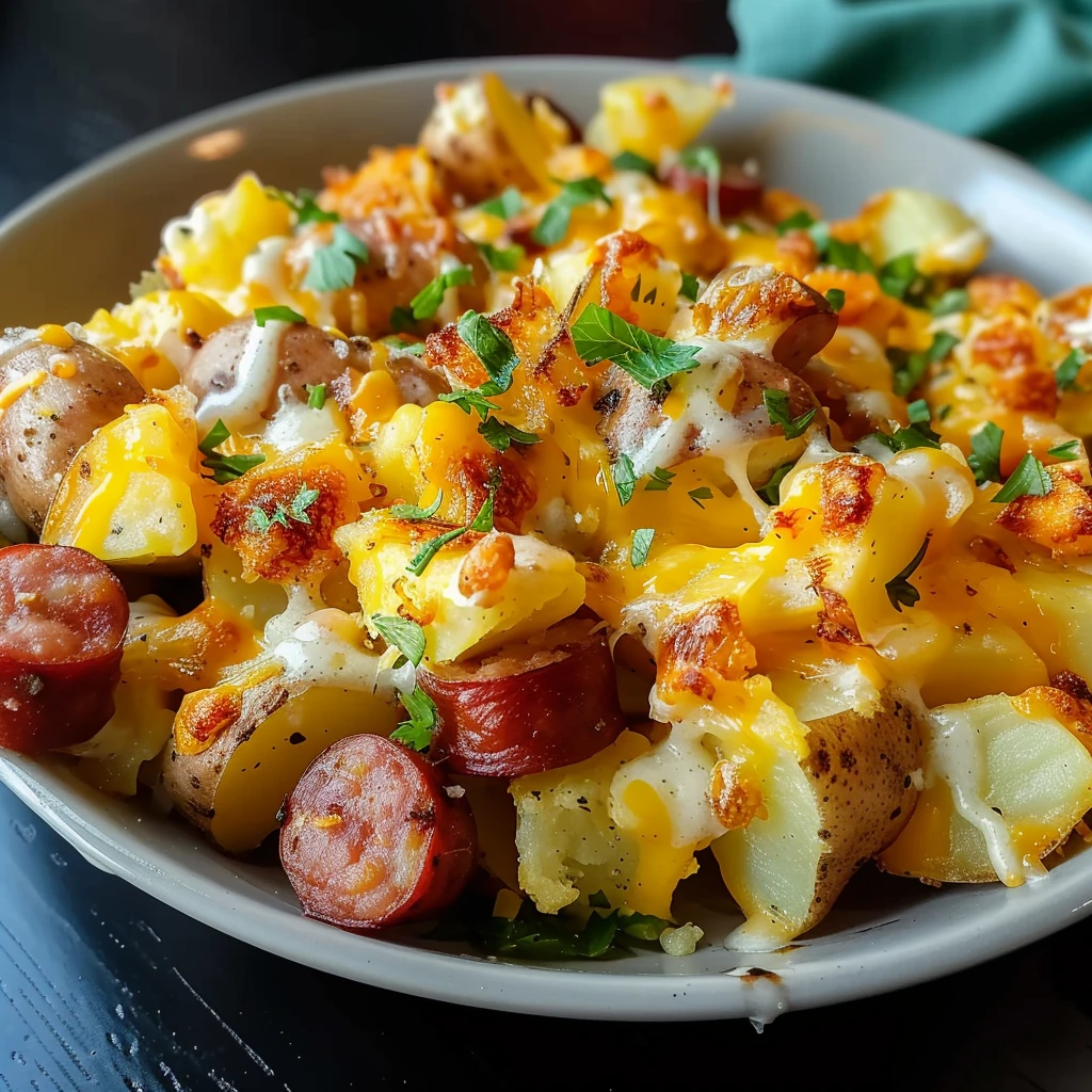 Cheesy Ranch Potatoes and Sausage casserole with golden, bubbly cheese, smoky sausage pieces, and fresh green onion garnish, served in a white bowl on a dark table.