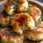 Golden crispy Cheesy Stuffed Potato Cakes with gooey melted cheese centers, garnished with fresh herbs on a rustic plate, showcasing their rich texture and inviting appearance.