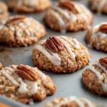 Golden-brown chewy maple pecan pumpkin cookies drizzled with glossy maple glaze and topped with toasted pecan halves on a baking tray.