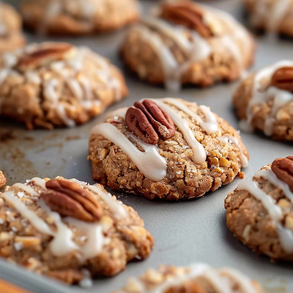 Golden-brown chewy maple pecan pumpkin cookies drizzled with glossy maple glaze and topped with toasted pecan halves on a baking tray.