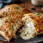 Golden brown Chicken Alfredo Air Fryer Calzones with gooey mozzarella cheese and shredded chicken filling, garnished with fresh parsley, served on a dark plate for a comforting and appetizing presentation
