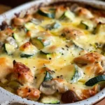 Bubbly golden Chicken Zucchini Bake with melty cheese, tender chicken, and zucchini chunks, served fresh in a ceramic baking dish with a creamy, lightly browned top