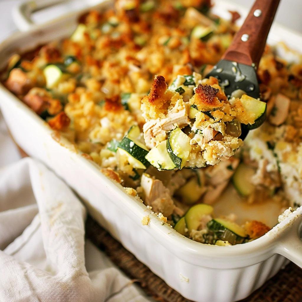 Golden-brown chicken zucchini casserole with crisp stuffing topping, creamy sauce, and vibrant zucchini chunks in a white baking dish