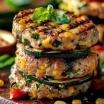 Juicy Chicken Zucchini Corn Burgers stacked high, showcasing golden-brown grill marks, vibrant green zucchini pieces, and sweet yellow corn, garnished with fresh basil for a colorful, appetizing presentation.